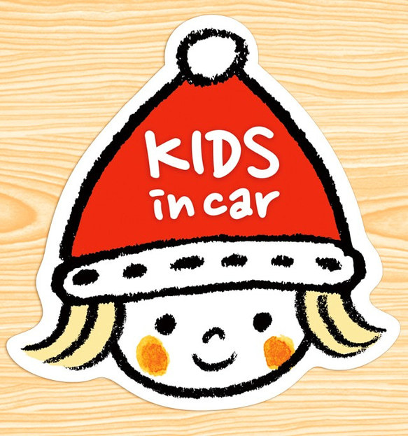 KIDS IN CAR マグネットステッカー(クリスマスのニット帽ちゃん） 1枚目の画像