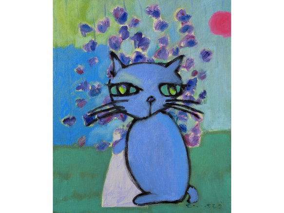 【ブルーベリー】F8 絵画 原画 油絵 キャンバス画 猫の絵 ネコの絵 動物の絵 猫 ネコ ロシアンブルー 絵本 沖縄 1枚目の画像
