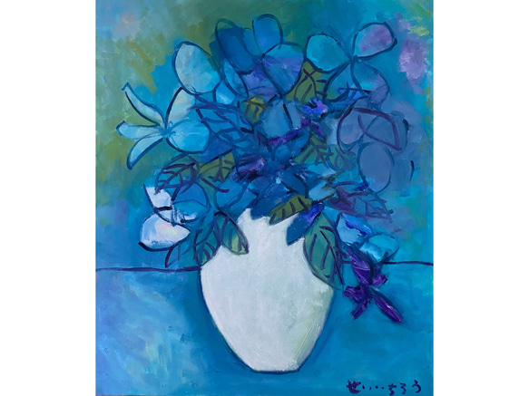 ハイドレンジア】F8 絵画 油絵 キャンバス 青 ブルー 花 ハイドレンジア】F8 絵画 油絵 キャンバス 青 ブルー 花