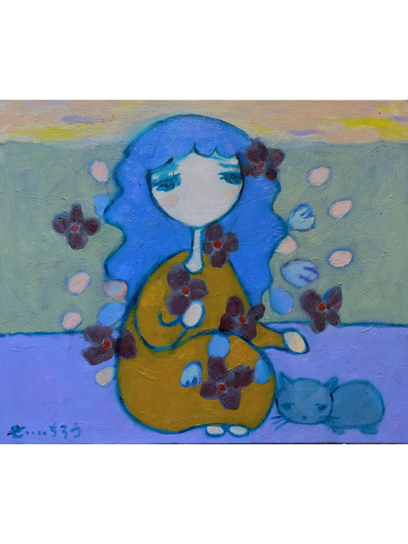 【おいで、こねこちゃん】F8 絵画 油絵 キャンバス 女の子の絵 猫の絵 ネコ ロシアンブルー フラワー レトロ 絵本 1枚目の画像