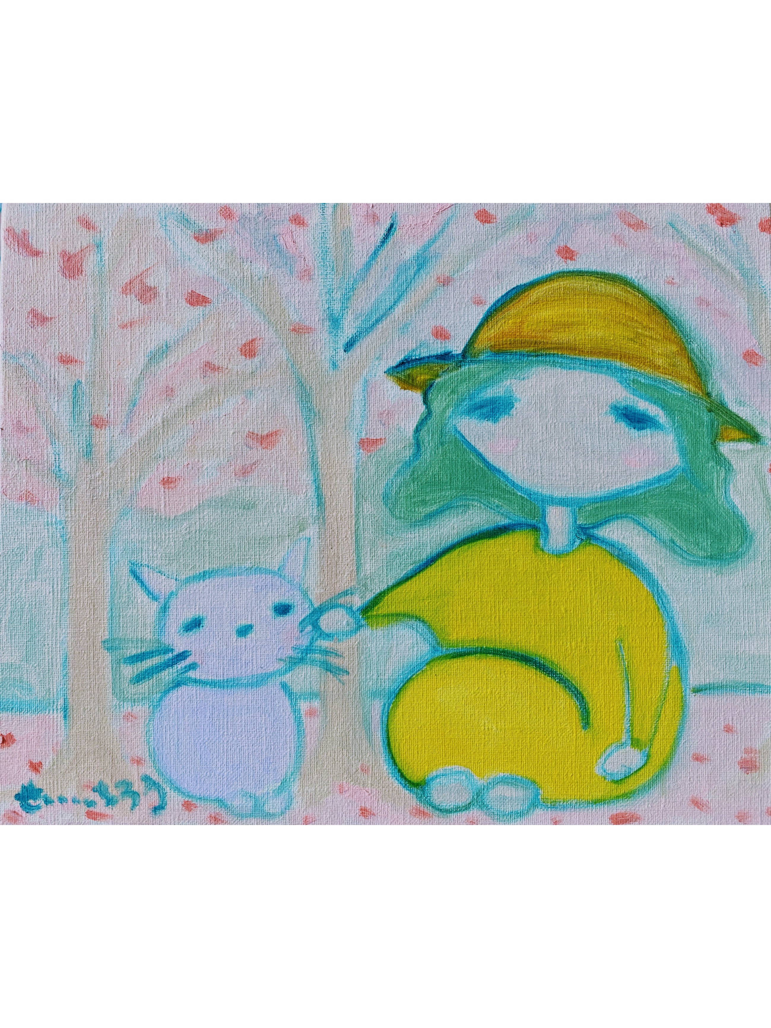 【はじめてのお花見】F3 絵画 原画 油絵 キャンバス 猫の絵 猫 ロシアンブルー 桜 レトロガール ミモザ 絵本 沖縄