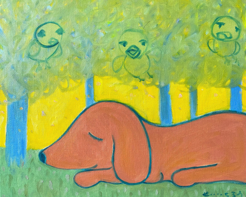 みてみてねてるよ】F8 絵画 油絵 キャンバス 絵本 犬の絵 犬