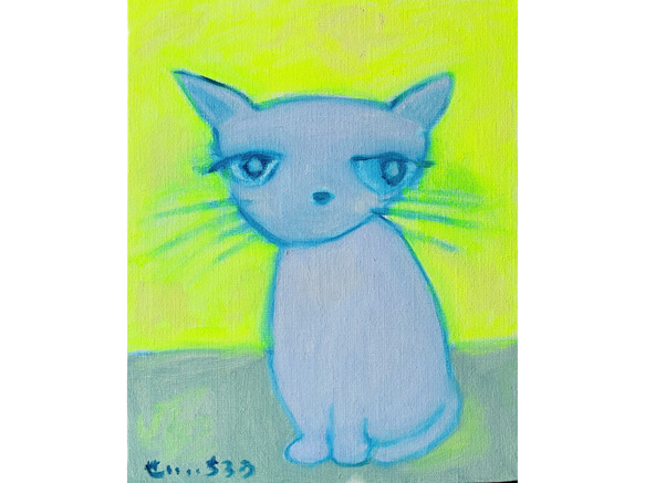 【ちょっといいかしら?】F3 絵画 油絵 キャンバス 絵本 猫 子猫 ネコ ロシアンブルー 猫の絵 プレゼント 沖縄 1枚目の画像