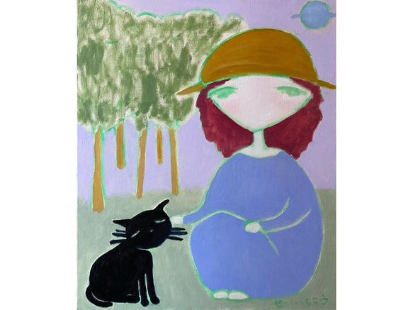 【わたしのねこII】F8 絵画 原画 油絵 油彩 キャンバス 猫の絵 猫 ネコ 絵本 黒猫 秋 森 1枚目の画像