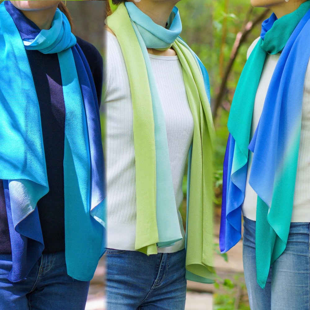 大判 正絹ちりめんストール ブルー系 3カラー  送料無料 高級化粧箱入り