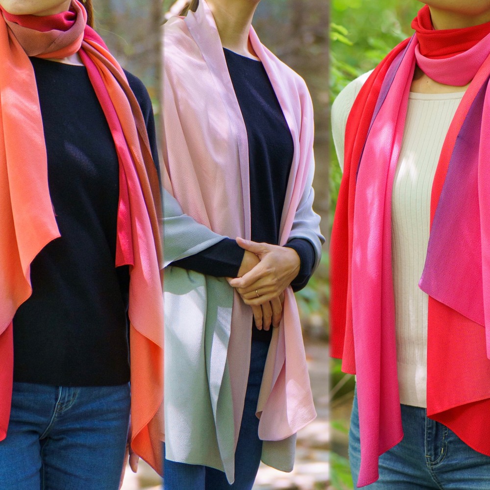 大判 正絹ちりめんストール レッド系 3カラー  送料無料　高級化粧箱入り