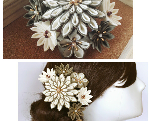 つまみ細工ダリア髪飾り✴︎カーキグリーン×オフホワイト✴︎ 成人式