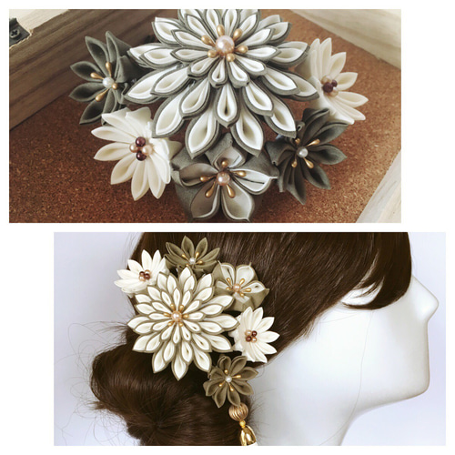 つまみ細工ダリア髪飾り✴︎カーキグリーン×オフホワイト✴︎ 成人式