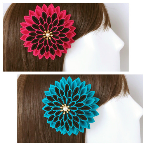 つまみ細工髪飾り✴︎ネオンカラー✴︎ピンク×ブラック 成人式 卒業式