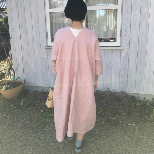 新品　　カタカミナ　新色ターコイズの幸せな半袖四角ワンピース 桜色☆四角ワンピース☆リネン普通厚七分袖SW ワンピース カタカミナ
