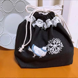 オーダー受付✤handmade✤ハーフリネン刺繍巾着✤birdgarden⚘ex.点と線模様製作所 ミナペルホネン 1枚目の画像