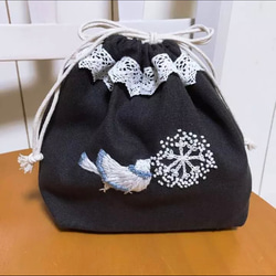 オーダー受付✤handmade✤ハーフリネン刺繍巾着✤birdgarden⚘ex.点と線模様製作所 ミナペルホネン 4枚目の画像