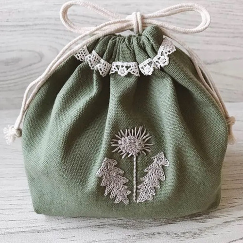 handmade⚘刺繍巾着 タンポポ グリーン⚘ex.樋口愉美子ミナペルホネン 