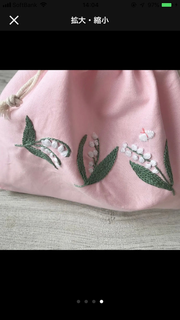 受注製作⚘handmade刺繍コットン巾着 ピンクに３つのすずらん⚘ex.樋口愉美子 4枚目の画像