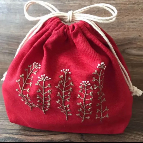 handmade⚘ハーフリネン刺繍巾着 なずな ペンペン草 ⚘⚘⚘⚘赤 巾着袋