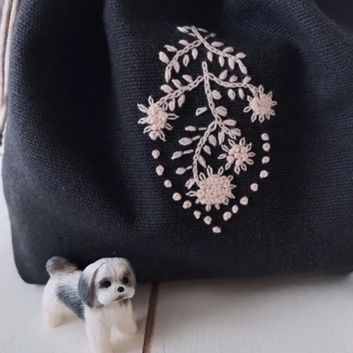 handmade刺繍巾着 ストライプ×タンポポ （handmade ハーフリネン  