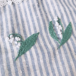 handmadeハーフリネン刺繍巾着⚘ストライプにスズランみっつ⚘⚘⚘すずらん 9枚目の画像