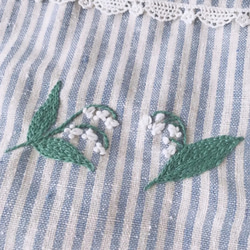 handmadeハーフリネン刺繍巾着⚘ストライプにスズランみっつ⚘⚘⚘すずらん 10枚目の画像
