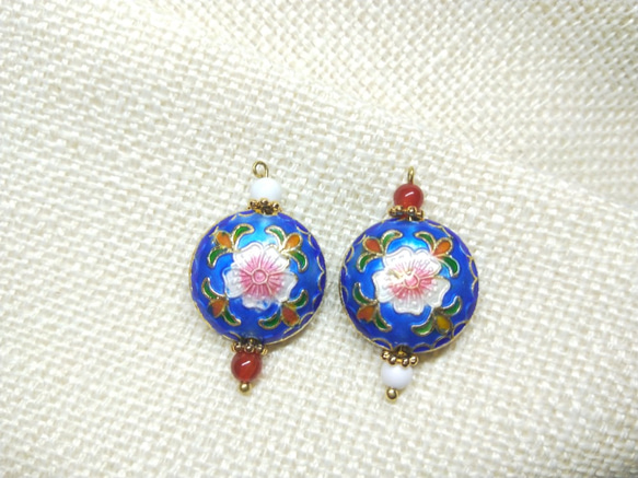 Qibao焼きMillstone Enamel Begonia Natural Stone Earrings-True Blue 3枚目の画像