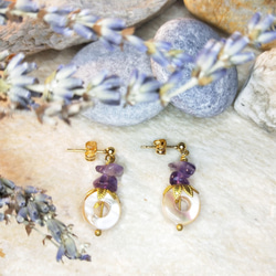 立冬-海嫁女兒的嫁妝-衣衫天然石貝殼抗過敏耳針耳環（紫） 第1張的照片