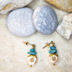 立冬-海嫁女兒的嫁妝-衣衫天然石貝殼抗過敏耳針耳環（藍） 第2張的照片