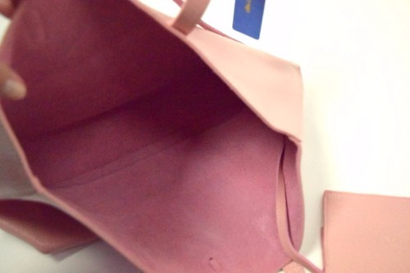 NO.137010 横型(小)上質レザートートバッグ（ポーチ付）ベビーピンク　底板底鋲付き 2枚目の画像