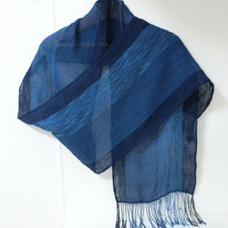 藍染手織りコットンストール　濃太縞 1枚目の画像