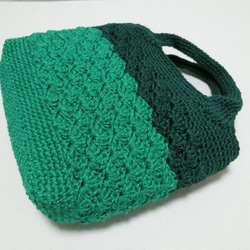 ちょっとお買い物！手編みミニトートバッグ松編み   グリーン 3枚目の画像