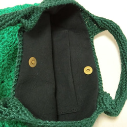 ちょっとお買い物！手編みミニトートバッグ松編み   グリーン 6枚目の画像