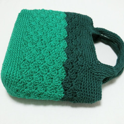 ちょっとお買い物！手編みミニトートバッグ松編み   グリーン 2枚目の画像