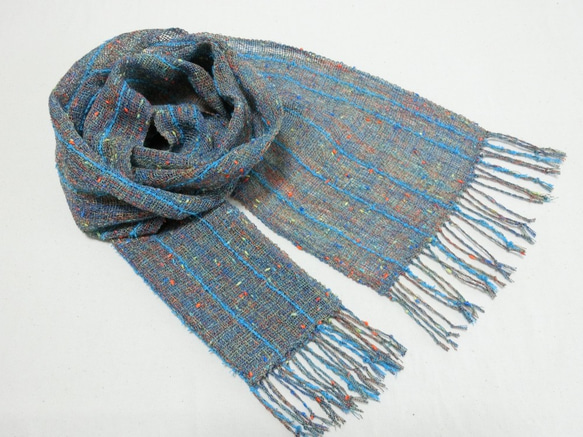 海色の手織りストール 細巾ブルーライン 1枚目の画像