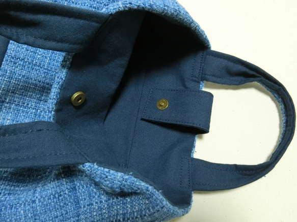 藍染手織り布ミニトートバッグ 持ち手手織り布 5枚目の画像