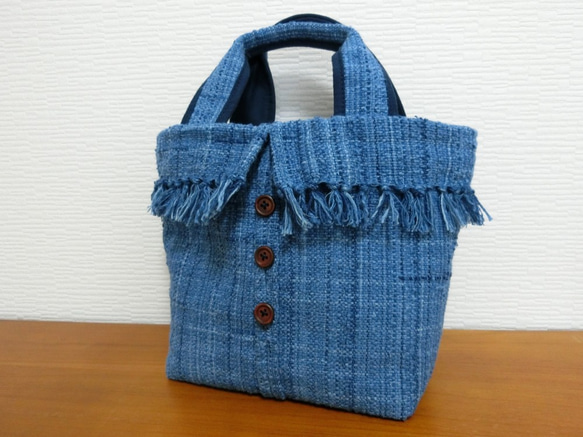 藍染手織り布フリンジミニトートバッグ 1枚目の画像