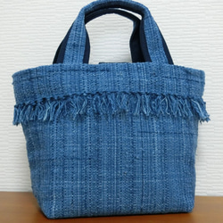 藍染手織り布フリンジミニトートバッグ 2枚目の画像