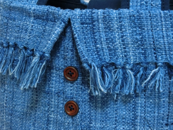 藍染手織り布フリンジミニトートバッグ 5枚目の画像