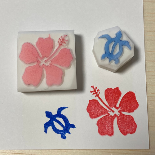 ハンドメイド 消しゴムはんこ ハワイアン ホヌとハイビスカス♪印面