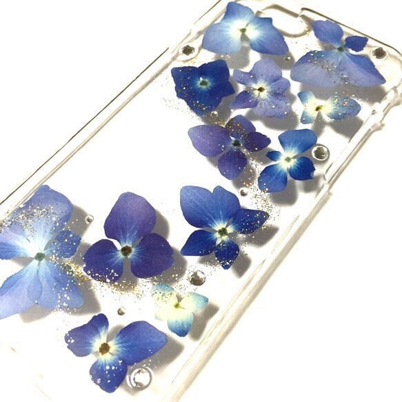 ［再販］押し花から始める天然紫陽花のラインストーンiPhone６ケース 1枚目の画像