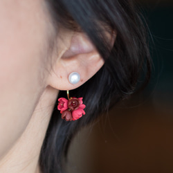 14KGF / 淡水珍珠和花朵耳環 / 耳夾 / （紅色） 第4張的照片