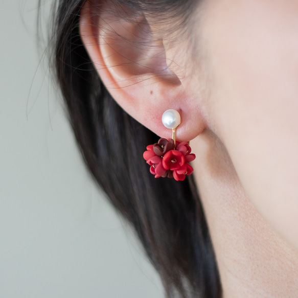 14KGF / 淡水珍珠和花朵耳環 / 耳夾 / （紅色） 第1張的照片