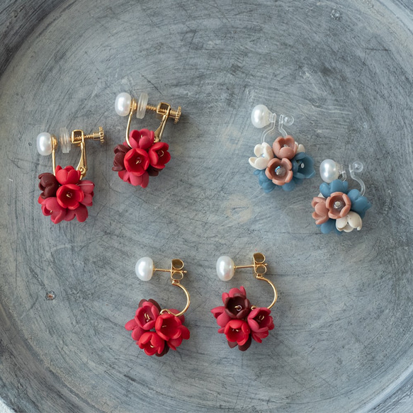 14KGF / 淡水珍珠和花朵耳環 / 耳夾 / （紅色） 第3張的照片