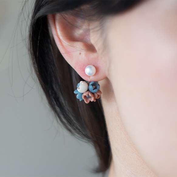 14KGF / 淡水珍珠和花朵耳環 / 耳夾 / （紅色） 第5張的照片