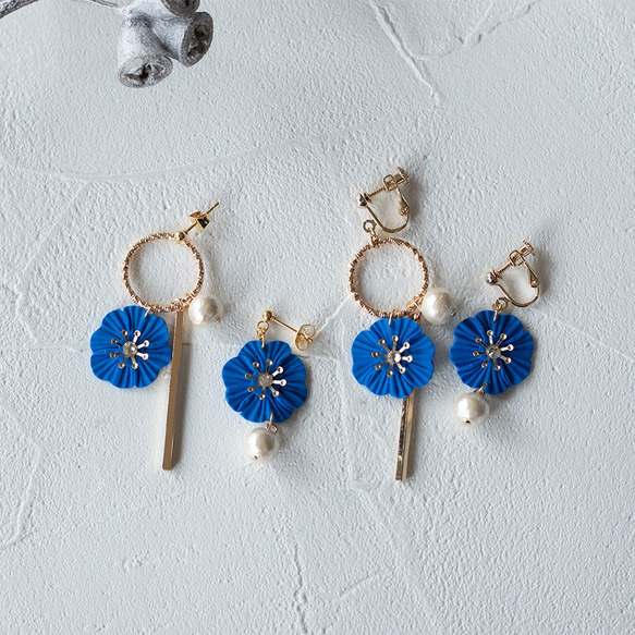 限時的顏色：圓圈和花朵 軟陶耳環 / 耳夾 （French blue） 第4張的照片