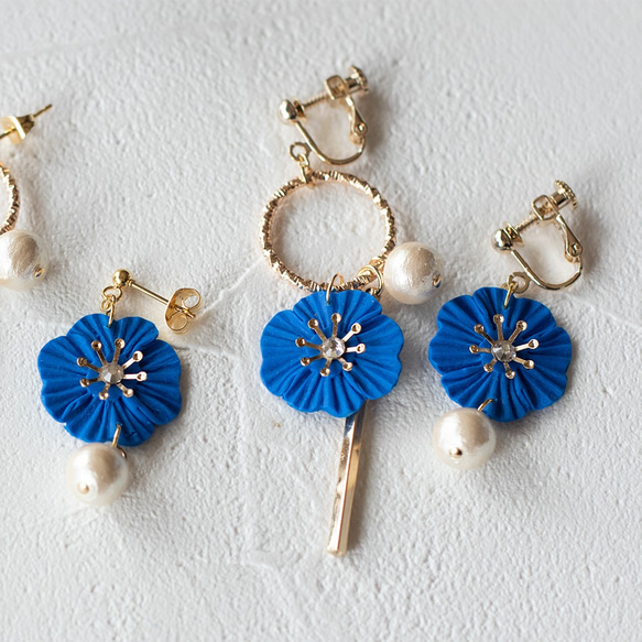 限時的顏色：圓圈和花朵 軟陶耳環 / 耳夾 （French blue） 第5張的照片