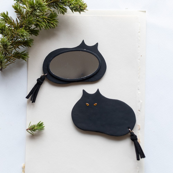 可選擇眼睛的貓手鏡（黑色） 第1張的照片