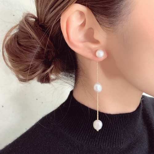 卒園式・入学式にも♪ *coco vanilla* 14kgf淡水パール3連ピアス