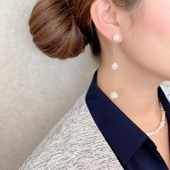 卒園式・入学式にも♪ *coco vanilla* 14kgf淡水パール3連ピアス