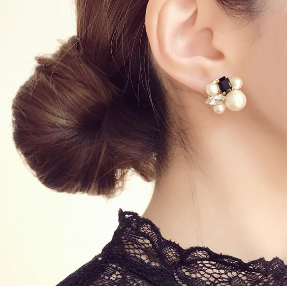 ◆ 大號純棉珍珠和施華洛世奇寶石閃光耳環 ◆ BK 第2張的照片