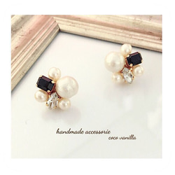 非常適合畢業典禮和入學典禮！ ◆大號棉珍珠和施華洛世奇寶石閃亮耳環◆BK 第3張的照片