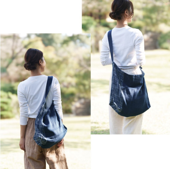 Shokuの布　くったりバッグ（網代・藍絣） 　天然綿100％　 2枚目の画像