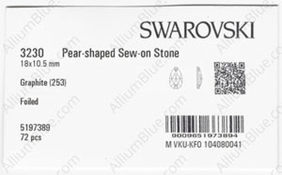 【スワロフスキー#3230】1粒 Pear-shaped ソーオンストーン 18x10.5mm グラファイト (253) 3枚目の画像